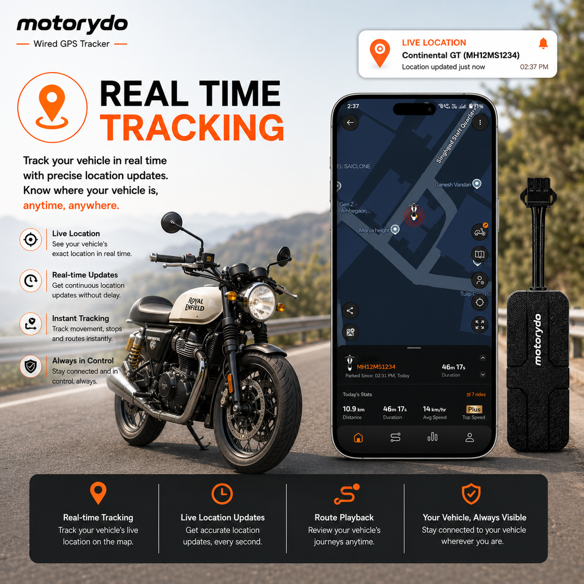 Motorydo GPS Tracker for Royal Enfield Bikes - No wire cut Installation- 12 months Data - Remote Engine Lock - 1 Year Warranty - 1 Year Android & IOS App