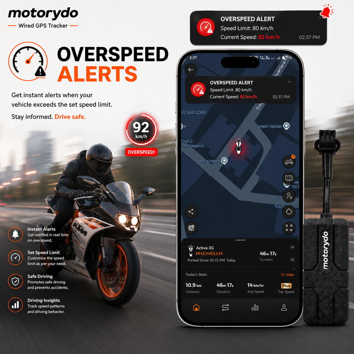 Motorydo GPS Tracker for KTM Bikes  - With no wire cut Installation - 3 months Data - Remote Engine Lock - 1 Year Warranty - 1 Year Android & IOS App
