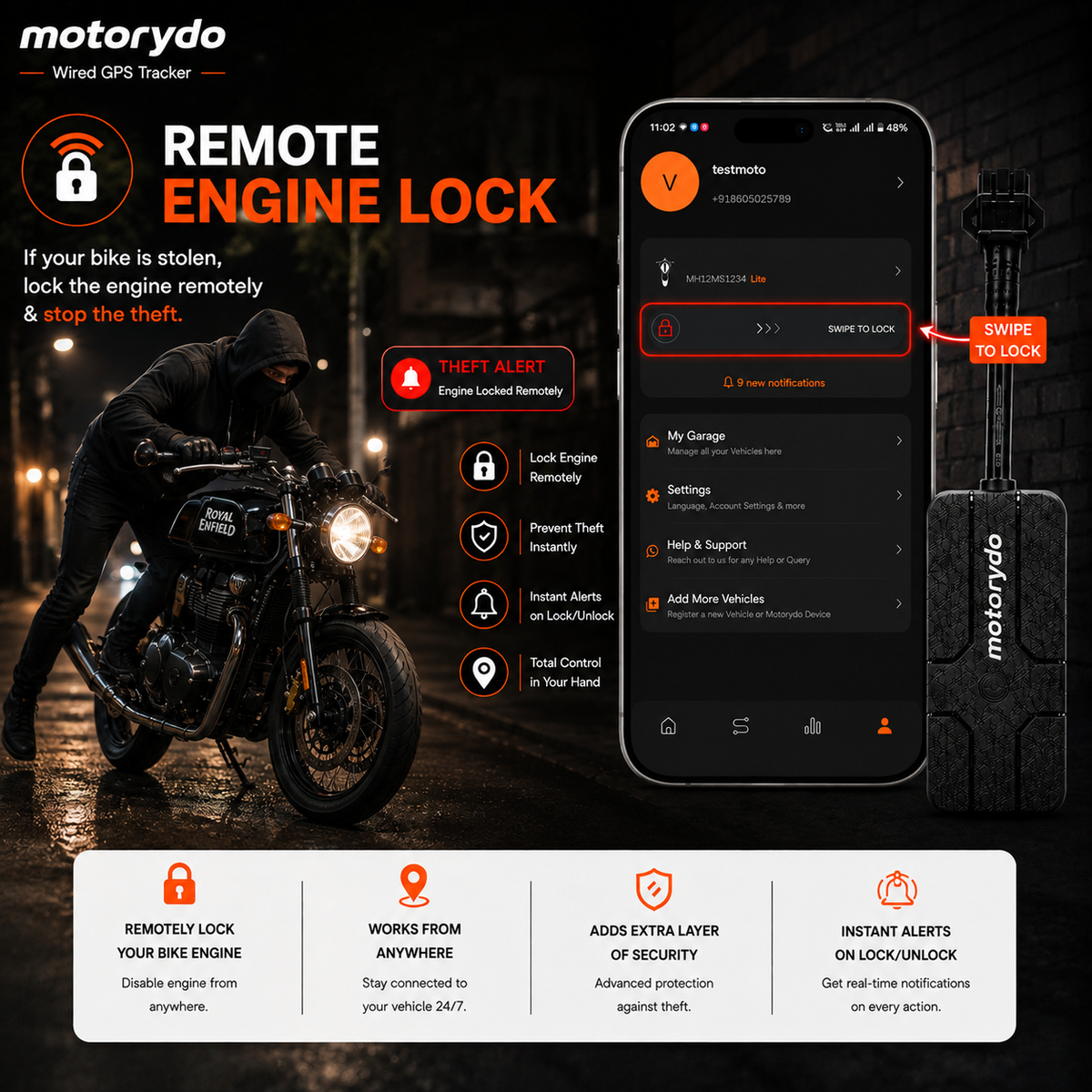 Motorydo GPS Tracker for Royal Enfield Bikes - No wire cut Installation- 12 months Data - Remote Engine Lock - 1 Year Warranty - 1 Year Android & IOS App